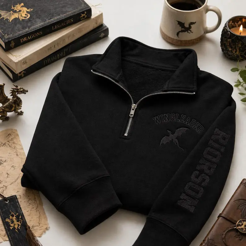 Embroidered Wingleader Quarter Zip Sweatshirt, Fourth Wing Inspired Riorson Pullover, Dragon Rider Bookish Gift