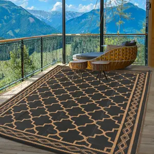 Outdoor Rug Extra Large Waterproof Reversible Patio Rug, Plastic Straw Outdoor Carpet for Deck, Backyard, RV & Camping, UV Resistant Indoor Outdoor Area Rug,Geometric-Black&Brown