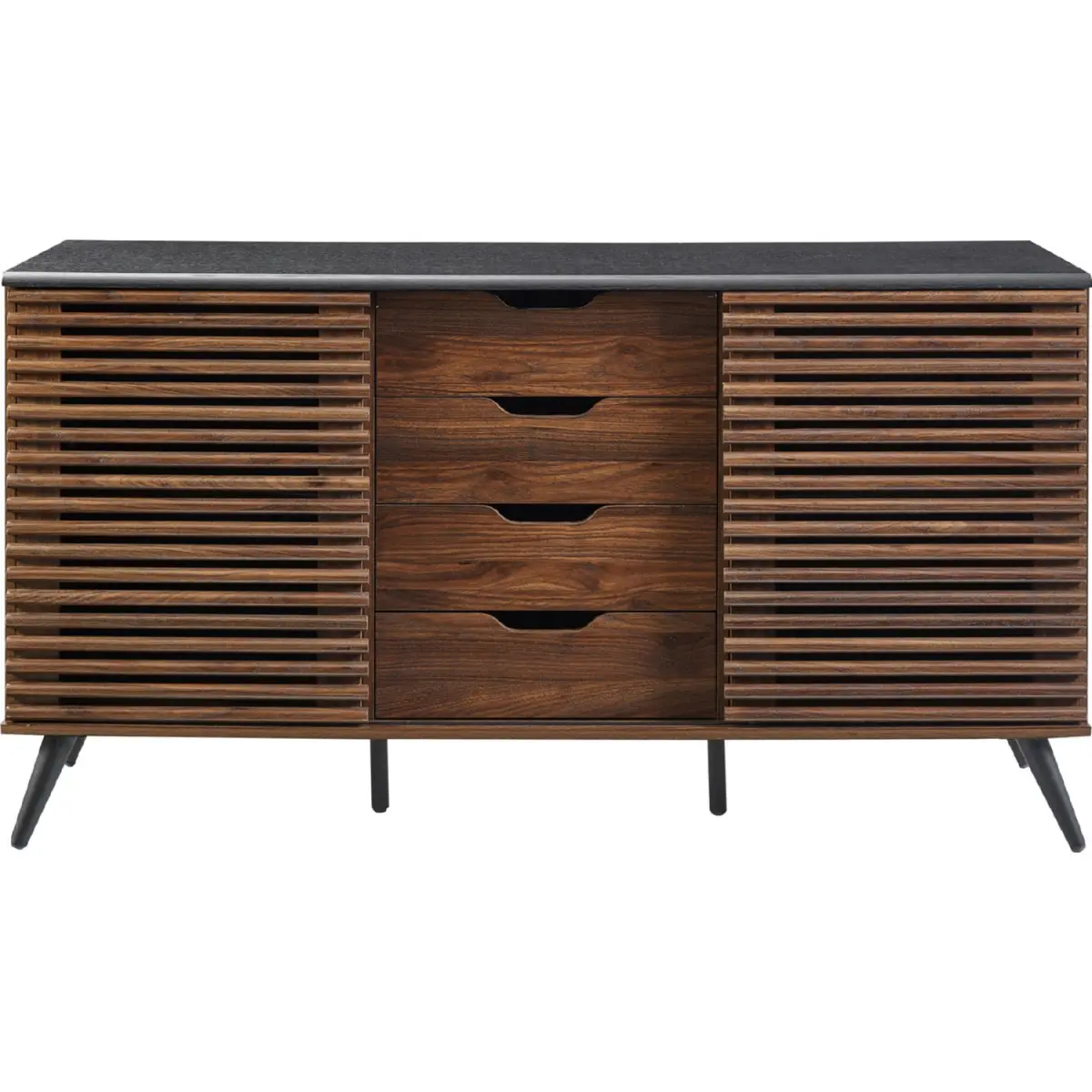 Walker Edison 59 in. Havana Sliding Slat Double Door Sideboard - 4-Drawer Drawer-Equipped Luxury Modern Retro Sideboard, Ebony & Dark Walnut, Double Door Sideboards, Drawer-Equipped Sideboards