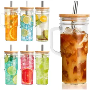 6 Pack Glass Tumbler Cups with Handle, 24oz Bubble  Cup with  Lid& Wide Straws, Mason Jars with Wide Mouth Iced Coffee Cup, Drinking Glasses for Smoothie,Bubble