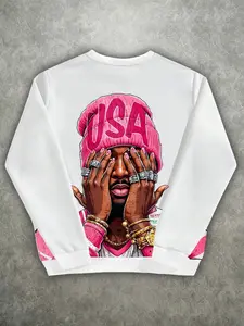 Unisex Round Neck Long Sleeve Knit Sweatshirt, Hip Hop Print Design, Casual Fitted Top, Fall & Winter Fashion, Moderate Fabric Thickness