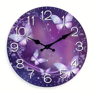 10 inch A Dreamy Wooden Purple Butterfly Large Wall Clock - Battery-Operated, Silent Clock, Suitable for Living Room, Bedroom, Home, Kitchen, Aesthetic Room Office Decoration Clock, Ideal Holiday Gift (Batteries Not Included)