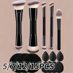 5pcs/7pcs/12pcs/15pcs Makeup Tool Set, Cosmetic Brushes Powder Puffs Beauty Sponges, Soft Dense Bristles Easy Application, Portable Lightweight, Eyeshadow Brush Set, Makeup Tools Set
