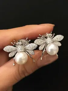 Bee Design Stud Earrings, Artificial Zirconia Earrings, Elegant Faux Pearl & Artificial Zircon Decor Jewelry for Women, Fashion Jewelry for Party, Daily Decor, Trendy All-match & Exquisite Jewelry for Birthday Gift