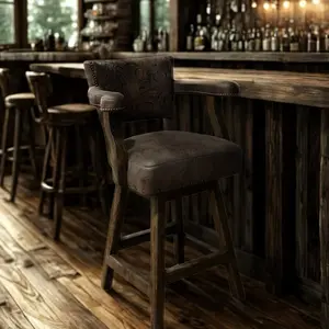 Frontier Barstool with Microfiber Seating Rustic Design Solid Wood Frame & Engraved Leather Accents for Kitchen Counter or Home Bar