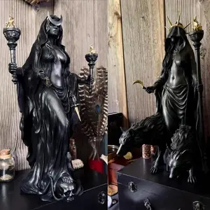 Halloween Greek Goddess Hecate Statue, Resin Handmade Sculpture with Hunting Dog, Spirit Guide and God of Light, Altar Decoration, Night Magic Symbol