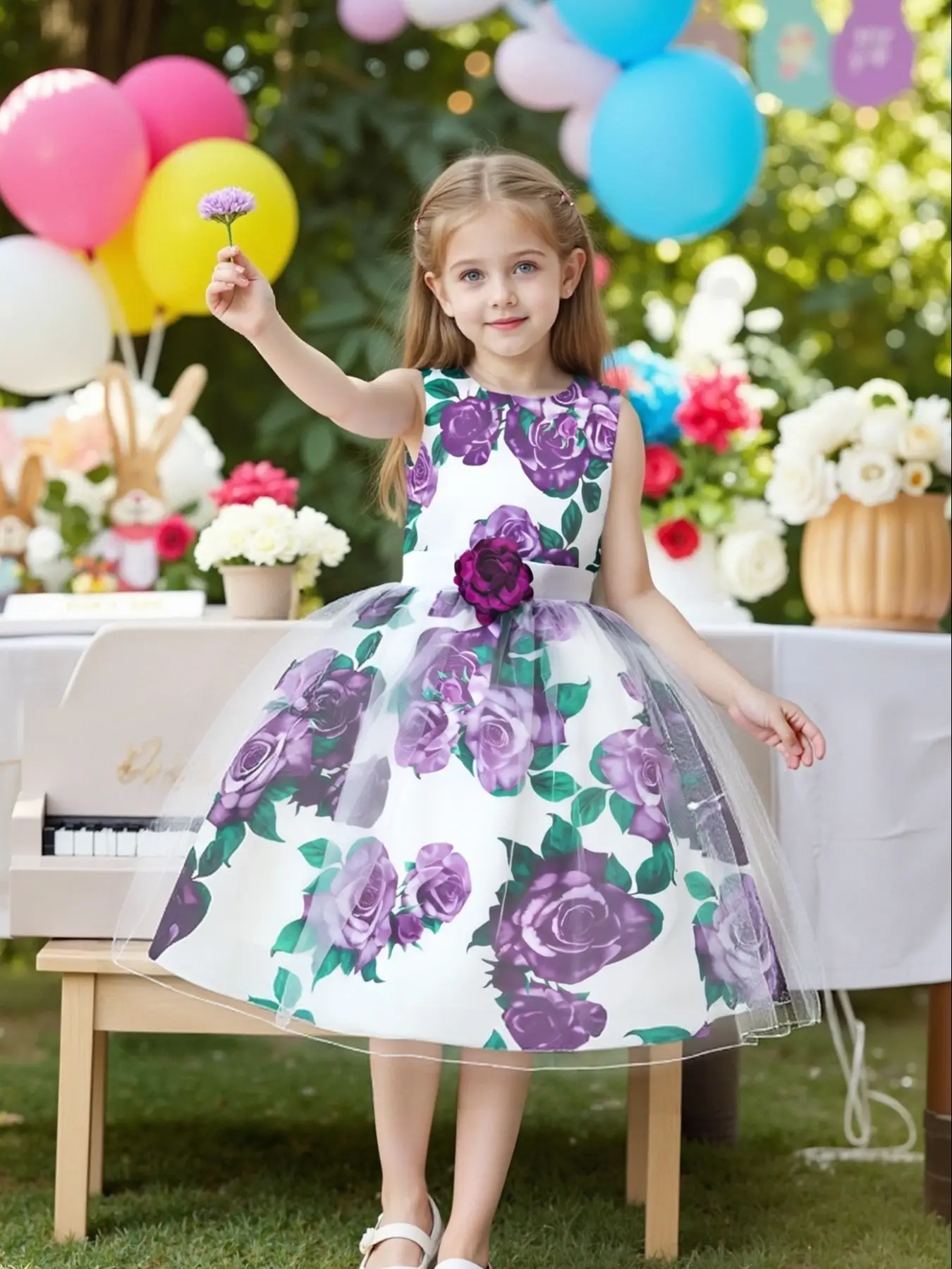 Girl's Floral Print Contrast Mesh Satin Dress, Elegant A Line Dress for Party Performance Wedding Guest, Kids Clothes for All Seasons