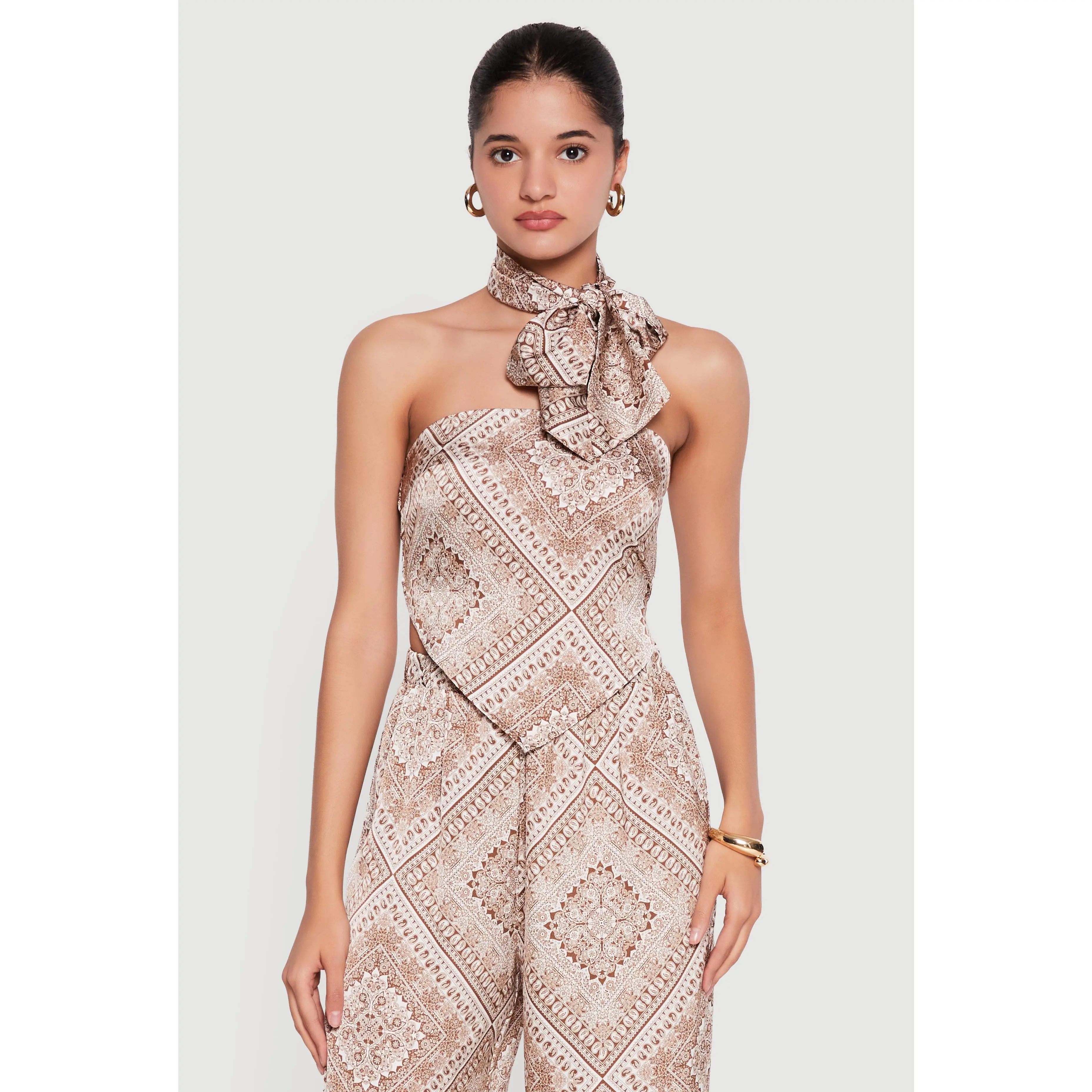 Satin Bandana Print Tube Top with Scarf