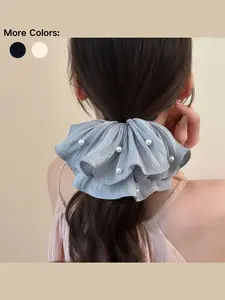 Women's Spring Summer Large Satin Pearl Scrunchie, Elegant Plain Style, Textile Coating, Ideal for Dates and Commutes, High-End Hair Accessory