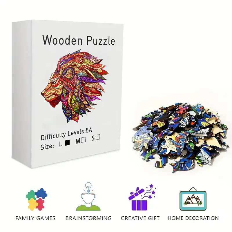 Wooden Irregular Lion Puzzle, Challenging Brain Teaser Jigsaw Puzzle for Adults & Teens, Unique Mandala Lion King Puzzle, Premium Wood Craft, Perfect Gift & Home Decor