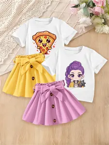 4-Piece Girls' Casual Cute Round Neck Short Sleeve T-shirt & Skirt Set | Ponytail Girl & Pizza Print | Fashion Sweet Summer Wear