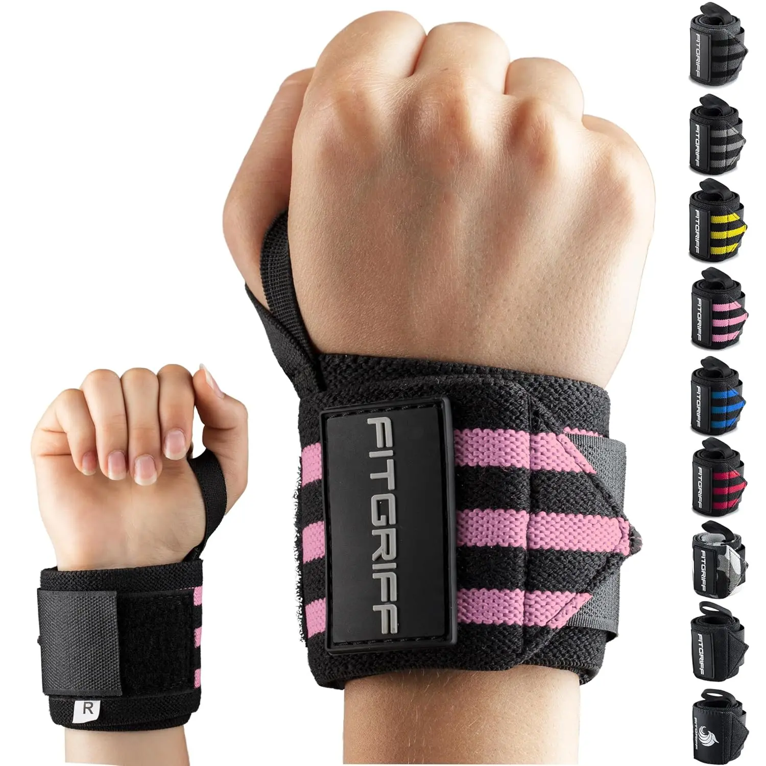 Fitgriff® Wrist Wraps for Weightlifting (18") Heavy-Duty Support for Gym, Bench Press, and Pushups (1 Pair) - for Men and Women (Black\/Pink)
