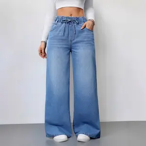High waisted wide leg denim pants, solid color elastic slim fit pants, denim women's clothing, solid color waist, street wear, basic fashion, daily fashion, light blue bottom pants, oversized pockets, minimalist shoulder straps