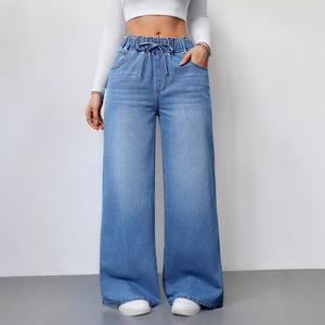 High Waist Wide Leg Denim Pants Pure Color Elastic Waist Slimming Pants Jean Womenswear Solid Style Waisted Streetwear Basic Fashion Everyday Chic Light Blue Bottom Trouser Pocket Maxi Minimalist Strap