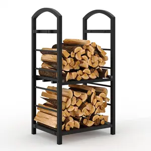 Garvee Upgraded Heavy Duty 2-Tier Wrought Iron Firewood Rack - Double Layer Log Holder & 5-Piece Fireplace Tool Set - Rust-Resistant Indoor Outdoor Wood Storage for Fireplace, Patio, Deck, Fire Pit - Easy Assembly, Antique Silver/Copper