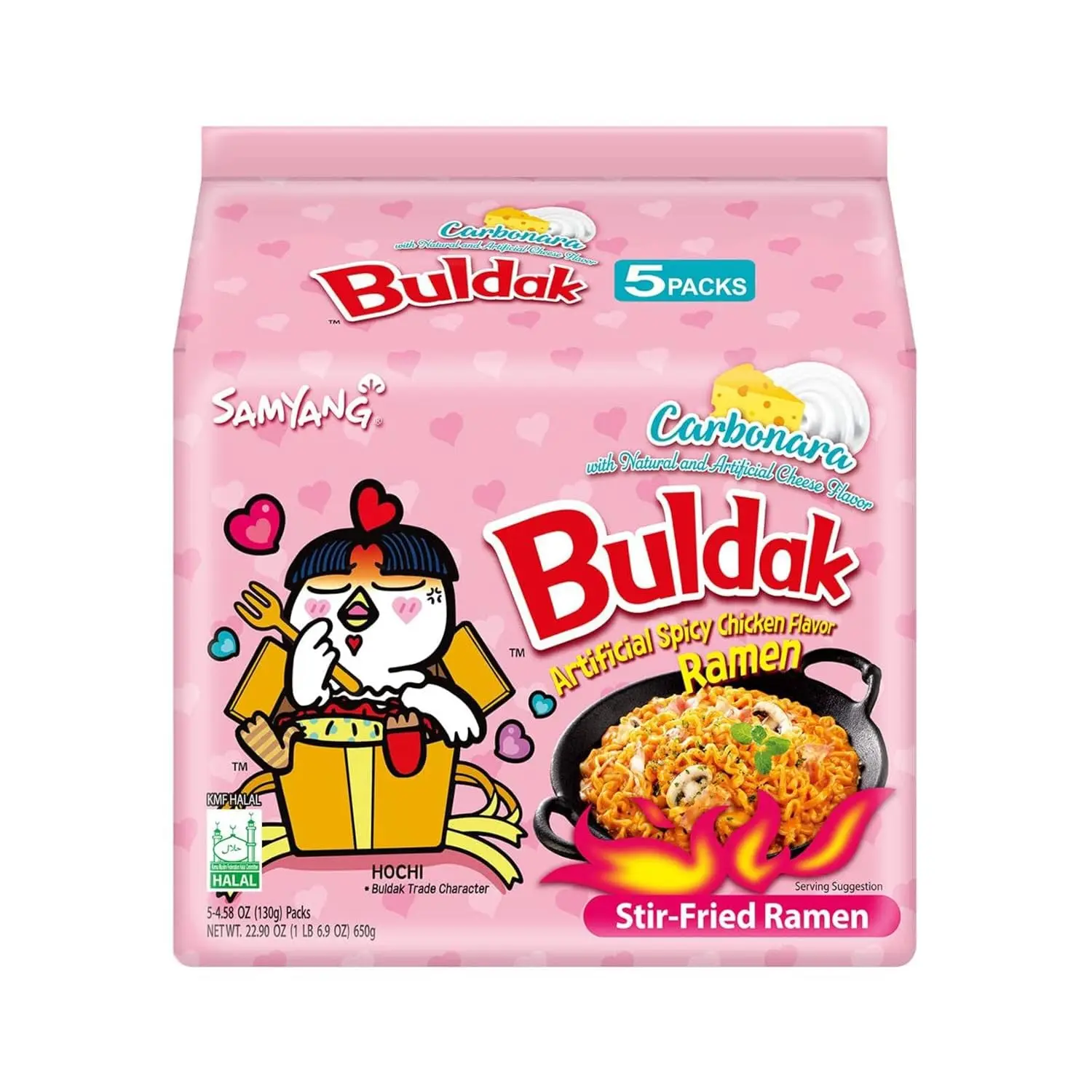 Samyang Buldak Carbonara Flavored Korean Stir-Fried Instant Ramen - 1 Bag with 5 Packs, Pantry Food, Food Item