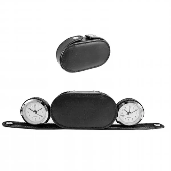 212 MAIN Natico 10-1020 Compact Analog Clock - Dual Time, Alarm Function, Faux Leather Case, Quartz Movement, Lighted, Bedside/Office Home Decor