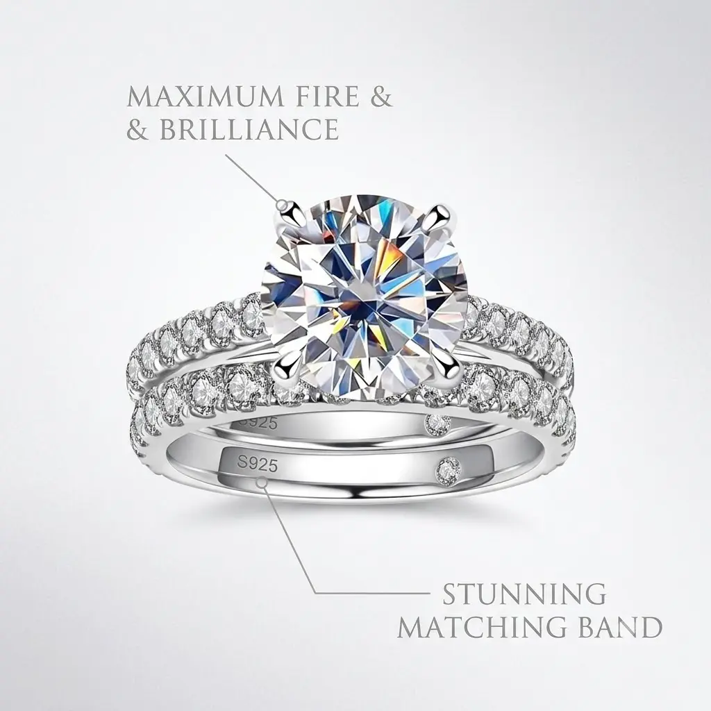 S925 Sterling Silver 3CT Moissanite Bridal queen rings Set Round Cut Solitaire Oval Design Pavé Band Engagement Wedding Ring Hypoallergenic