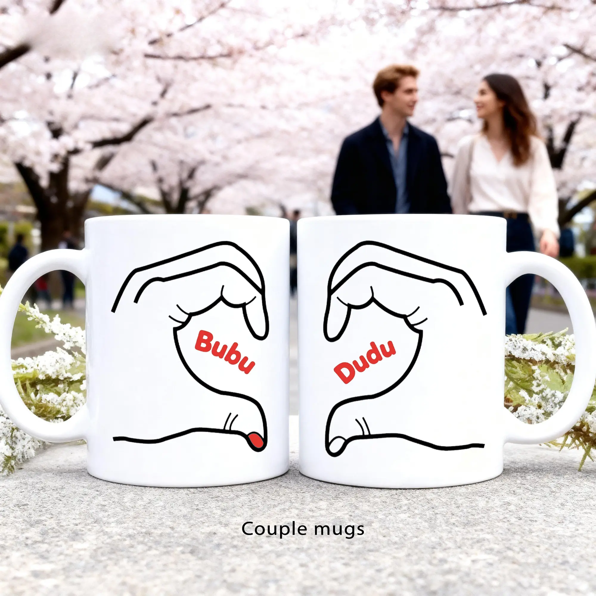 Couple Custom Name Mugs Set (2pc) - Modern Reusable Ceramic Drinkware, Washable Kitchenware with Hand-Drawn Heartfelt Letters, Anniversary Graphics, Animal & Plant Designs for Couples