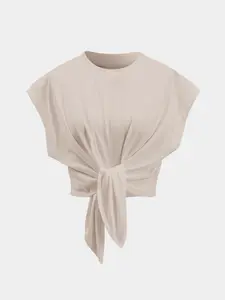 Women's Solid Color Tie Front Crop Tee, Casual Round Neck T-shirt for Summer, Ladies Clothes for Daily Wear, Casual Fashionable Top