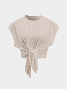 women's solid color tie front crop tee, casual round neck t-shirt for summer, ladies clothes for daily wear, top
