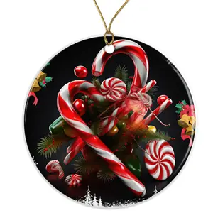 Candy Cane Ornament, Christmas Holiday Decor, Festive Tree Decoration, Sweet Winter Gift, Seasonal Fun Decor Ceramic Ornament - 3 Inch Christmas Tree Round Ornament - Xmas Holiday Decor - String Included - ORNW0244