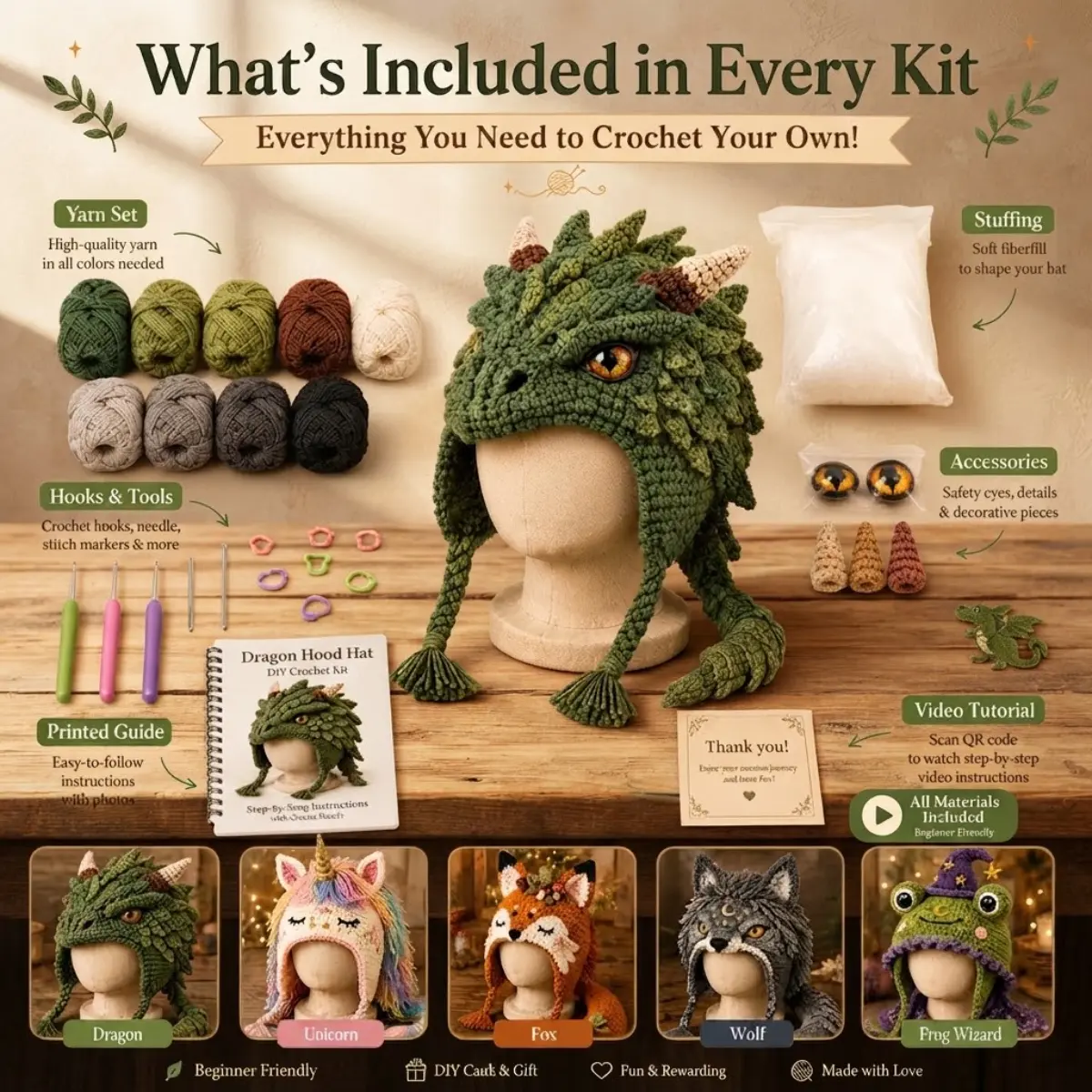 DIY Crochet Kit for Beginners - Cute Fantasy Theme Animal Motif Hooded Beanie Craft Set, Dragon Unicorn Fox Wolf Frog Designs, Winter Warm Supplies for Crochet Lovers, Birthday Gift Ideas, Girlfriend Birthday Gift