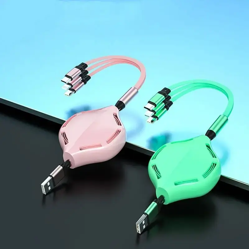 3-in-1 Retractable Fast Charging Cable with USB Ports, Silicone Cord, Portable Size for Multiple Phones