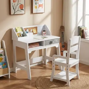 Kids Study Desk with Adjustable Chair, Small Study Table Chair Set with Hutch, Buttetin Board, 2 Open Drawers, 2 Pen Holders, Student Homework Table Art Table for Boys Girls, White Kids Study Desk with Adjustable Chair, Bulletin Board