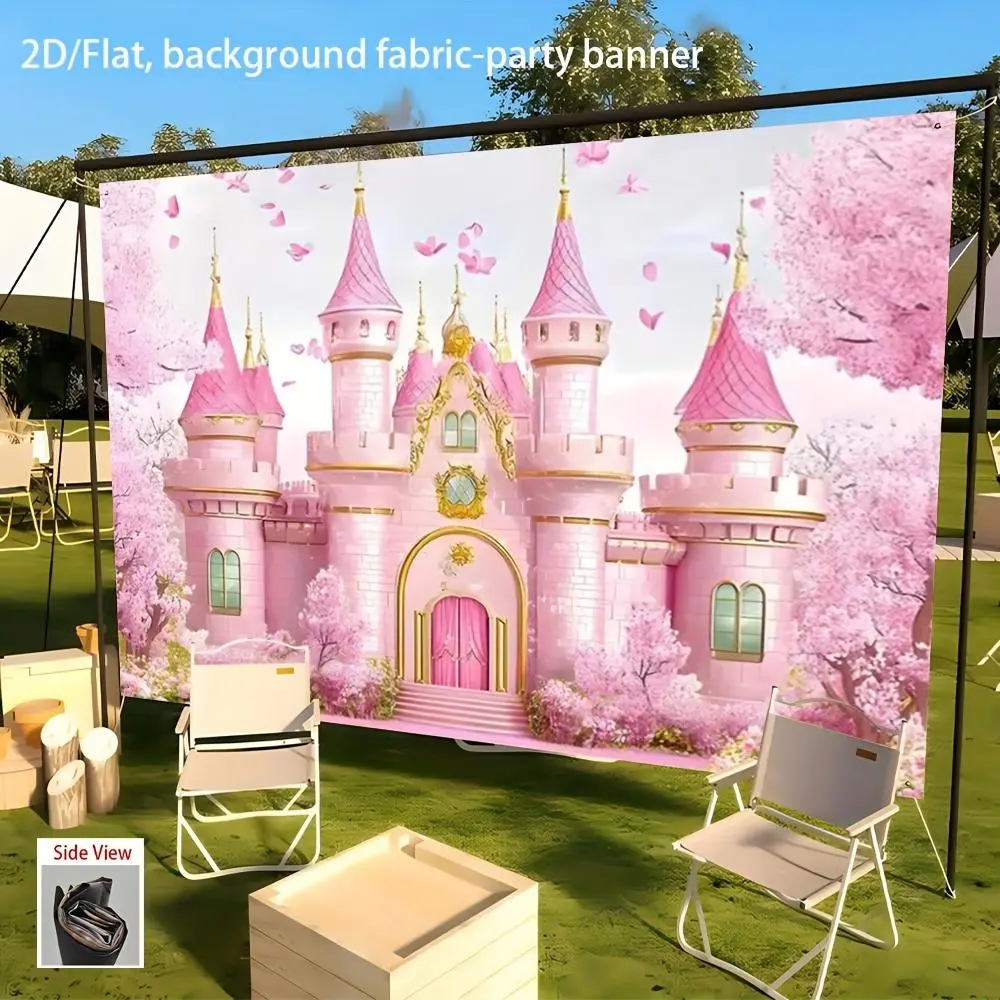 Pink Floral Fairy-Tale Princess Castle Backdrop - Durable Polyester 2D Flat, Golden Doors, 1pc Non-Electric Banner, Home & Festive Supplies for Birthday Girl Photo Booth Party Decoration