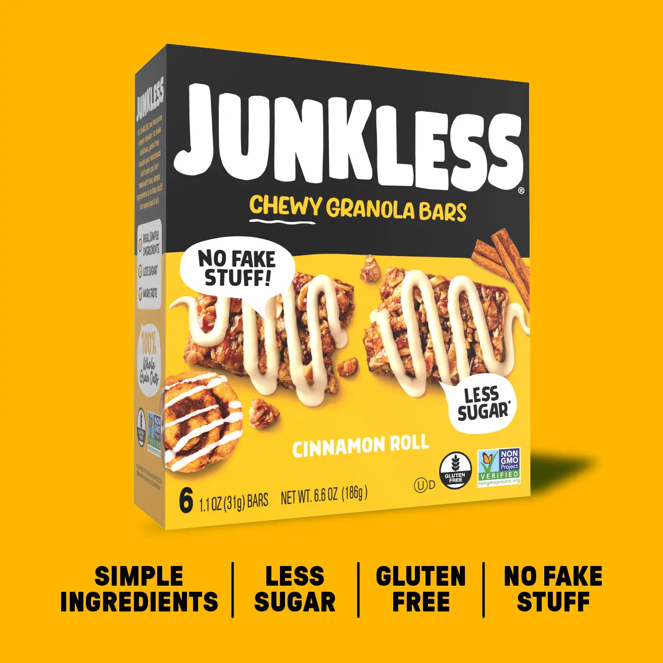 JUNKLESS Chewy Granola Bars Cinnamon Roll Simple Ingredients Less Sugar Gluten Free No Fake Stuff