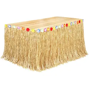[New Deal] Luau Grass Table Skirt Natural 9 Feet x 29.5 Inch Hawaiian Table Skirt for Tropical Hawaiian Party Decorations Luau Party Costume Party, Straw Yellow
