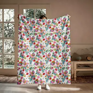 Colorful Watercolor Floral Flannel Throw Blanket, Pink Red Blue Yellow Orange Blooms, Soft Cozy Warm, for Couch Bed, Gift for Her, Birthday Christmas, Aesthetic Fresh Cottagecore Decor