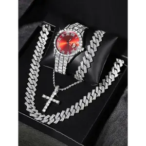 Men's Rhinestone Wristwatch & Cross Necklace & Chain Necklace & Link Bracelet, Fashion Analog Luxury Watches for Men Party, Daily Decor, Trendy All-match & Exquisite Watch Set for Gift Cuban Chain