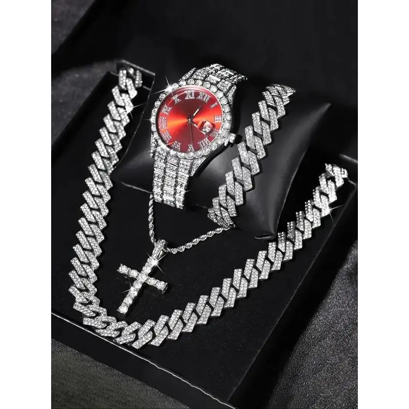Men's 4-Piece Luxury Rhinestone Jewelry Set with Analog Watch, Cross Motif & Chain Necklaces, and Chain & Link Bracelet for Everyday Wear