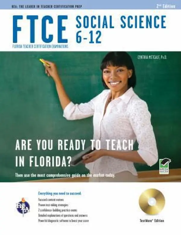 USED Book - FTCE Social Science 6-12 w/ CD-ROM (FTCE Teacher Certification Test Prep) by Cynthia Metcalf PhD (Paperback) - english