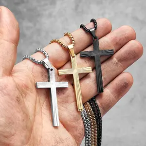 Refract Light Cross for Men Teen Boys, Silver/Black/Gold Stainless Steel Cross Pendant Necklace Box Chain 18-24 Father's Day gift