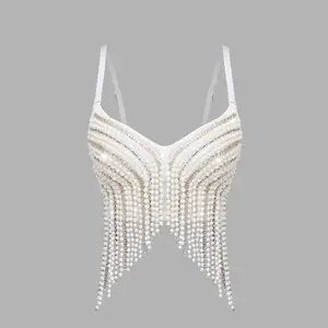 Quality Pearl Tank Halter Elevated Going Out Tank Tops Women Beaded Tassels Fishone Crop Tube Top Club Clothes Weighted Vests Women Sexy Streetwear Wedding Party Corset Woman Shaper Fashion Feamale Clothing