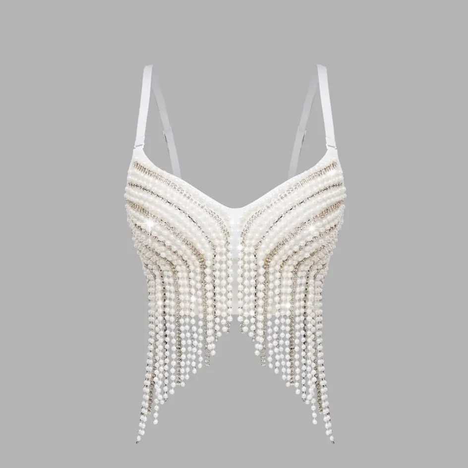 Quality Pearl Tank Halter Elevated Going Out Tank Tops Women Beaded Tassels Fishone Crop Tube Top Club Clothes Weighted Vests Women Sexy Streetwear Wedding Party Corset Woman Shaper Fashion Feamale Clothing