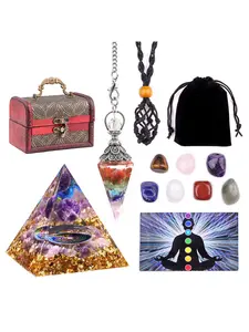 Crystal crafts natural crystal colorful stone woven net bag pyramid pendulum gravel set box