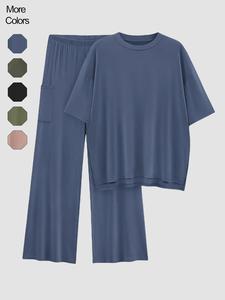 women's solid drop shoulder tee & elastic waist pants two-piece set, casual fashion cozy half sleeve top & trousers for daily outdoor wear, ladies clothes for all seasons