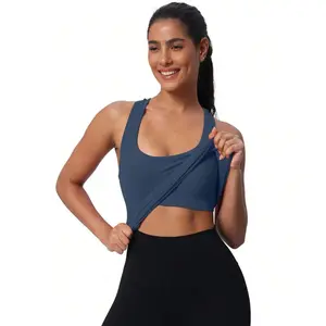 Women's Ribbed Workout Tank Top with Built-in Bra, Removable Bra, Tight Racerback Scoop Neck Athletic Crop Top, Slim Fit Seamless Yoga Tank for Gym and Fitness
