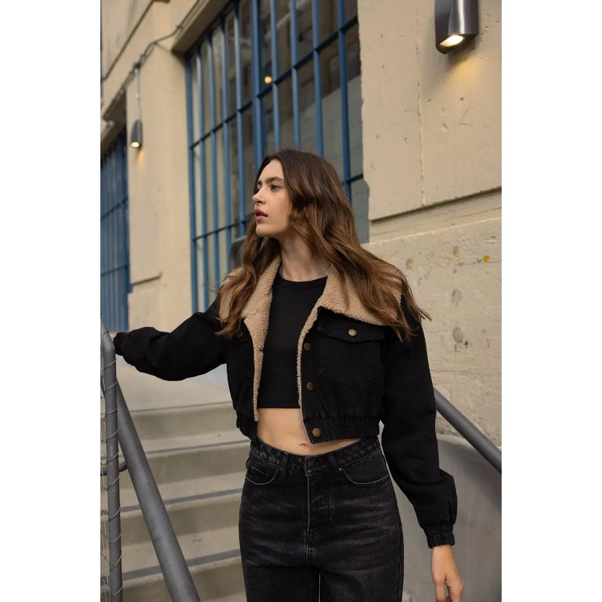 Bianca Cropped Snap Button Denim Jacket with Shearling Collar