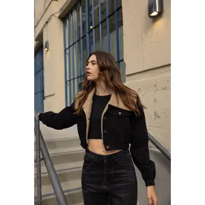 Contrast Shearling Collar Denim Crop Jacket