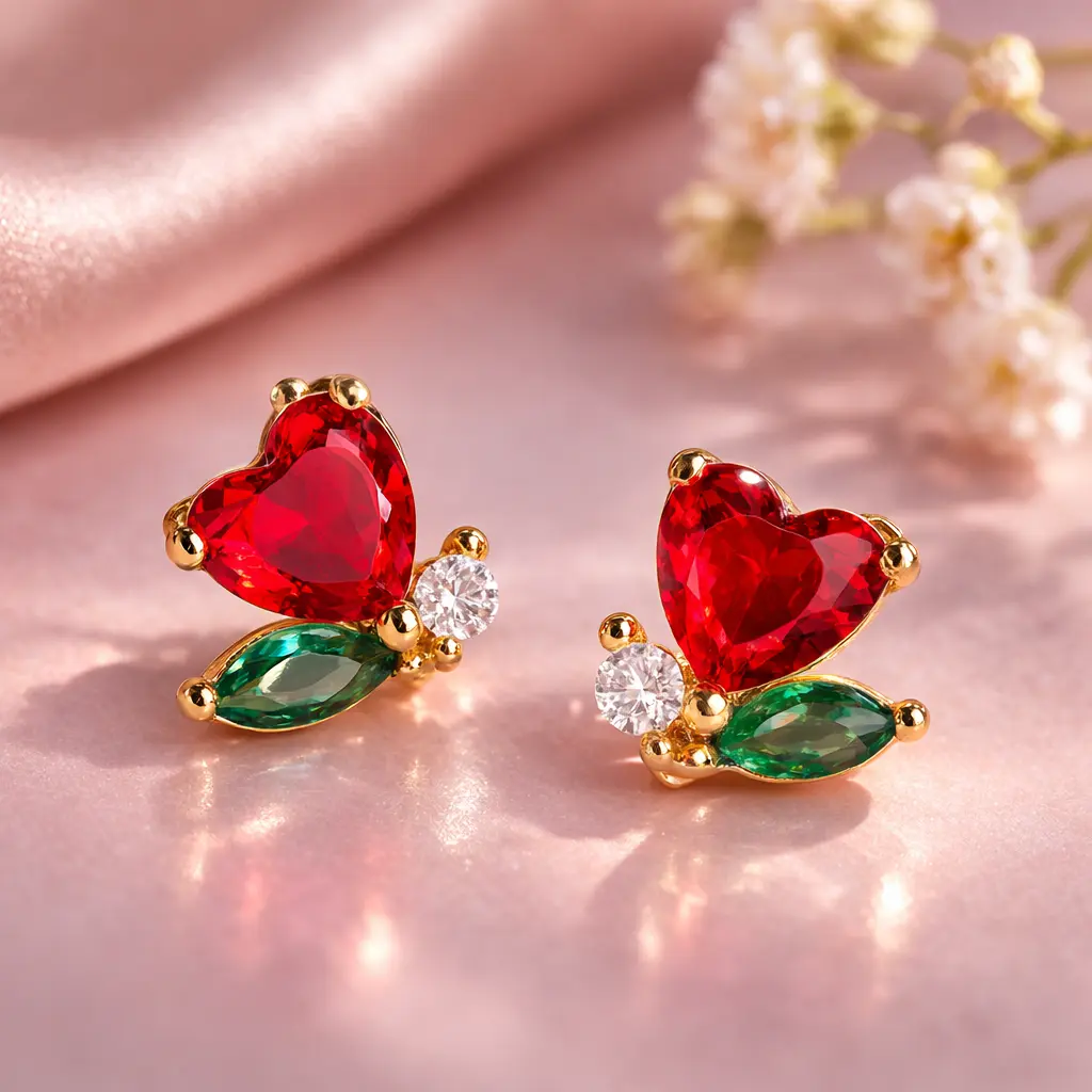 Laurose Ruby Rose Heart Ear Stud Earrings, Copper Earrings with Colored Embedded Stones, Fashion Costume Jewelry Accessories