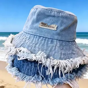Women's Thin Washed Denim Bucket Hat | Summer Distressed Frayed Edge Wide Brim Sun Protection Hat for Outdoor