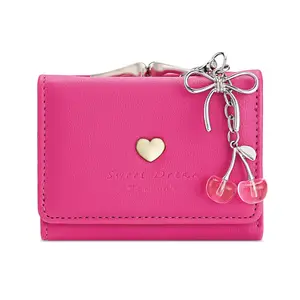 Cute Cherry Bow Charm Small Wallet for Women, Coquette Aesthetic Tri-fold PU Leather Card Holder with ID Window & Kiss Clasp, Mini Compact Purse for Girls Gift