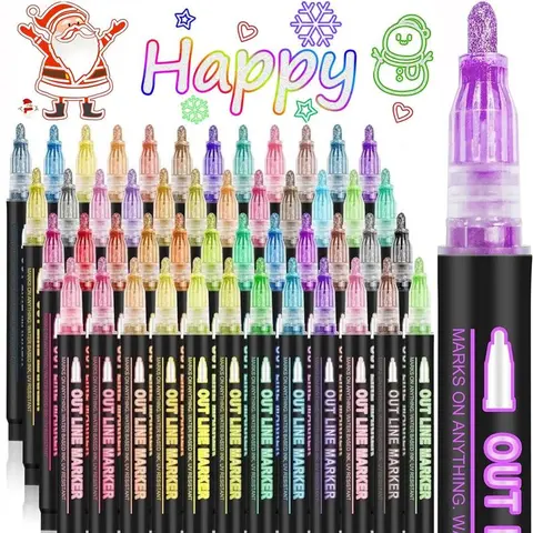 Double Line Design Outline Pen, 8/36/48 Colors Metallic Marker Pen, Self-outline Glitter Writing Drawing Pen for Greeting Card Making, DIY Art Crafts, Christmas gifts Diaries Versatile Use