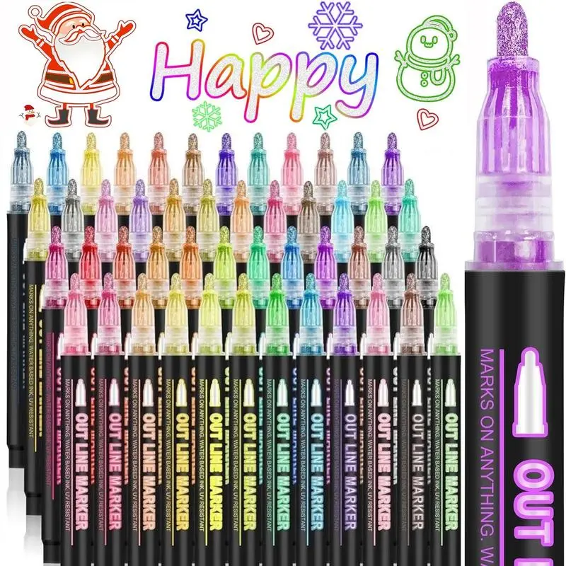 Double Line Design Outline Pen, 8/36/48 Colors Metallic Marker Pen, Self-outline Glitter Writing Drawing Pen for Greeting Card Making, DIY Art Crafts, Christmas gifts Diaries Versatile Use