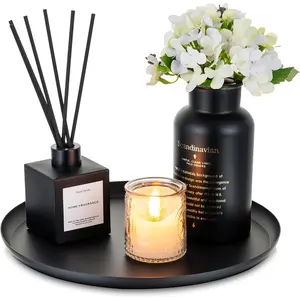 Black Decorative Candle Tray - Round Trays Decor for Coffee Table Centerpiece Metal Serving Tray for Kitchen Counter Organizer Modern Farmhouse  Decorations, 11 Inch